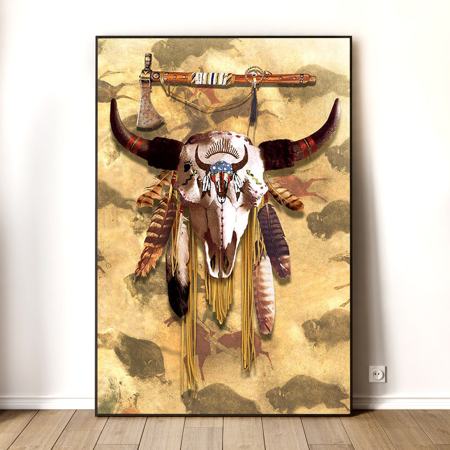 Buffalo Head Skull Feather Mark Poster/Canvas
