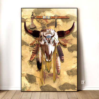 Buffalo Head Skull Feather Mark Poster/Canvas