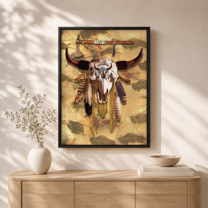 Buffalo Head Skull Feather Mark Poster/Canvas