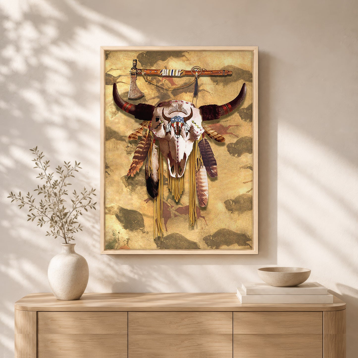 Buffalo Head Skull Feather Mark Poster/Canvas