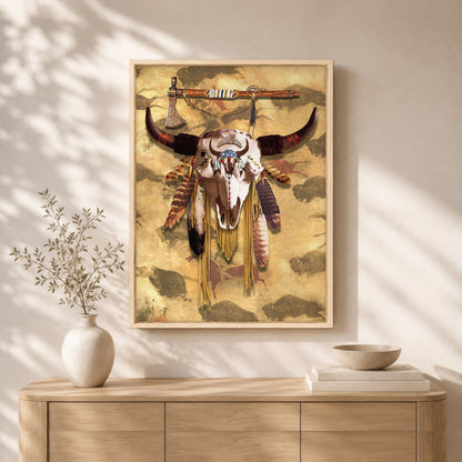 Buffalo Head Skull Feather Mark Poster/Canvas
