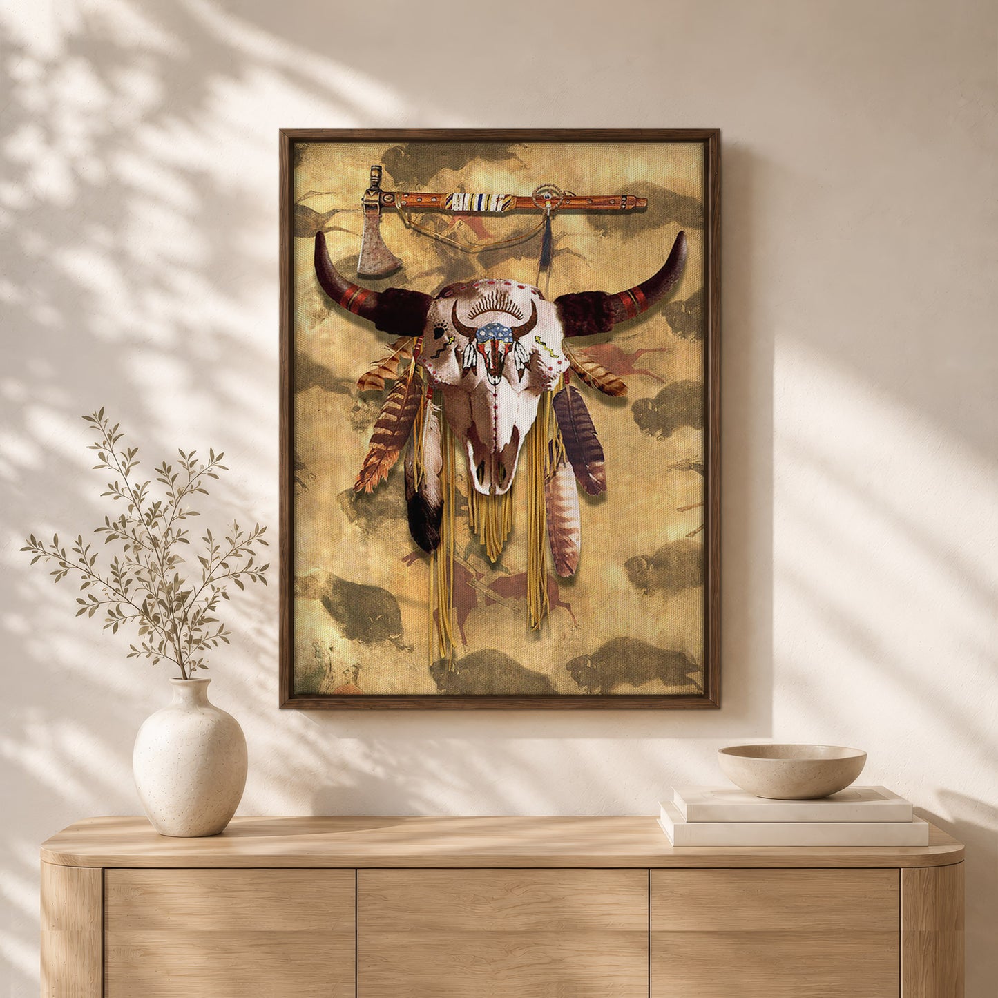 Buffalo Head Skull Feather Mark Poster/Canvas
