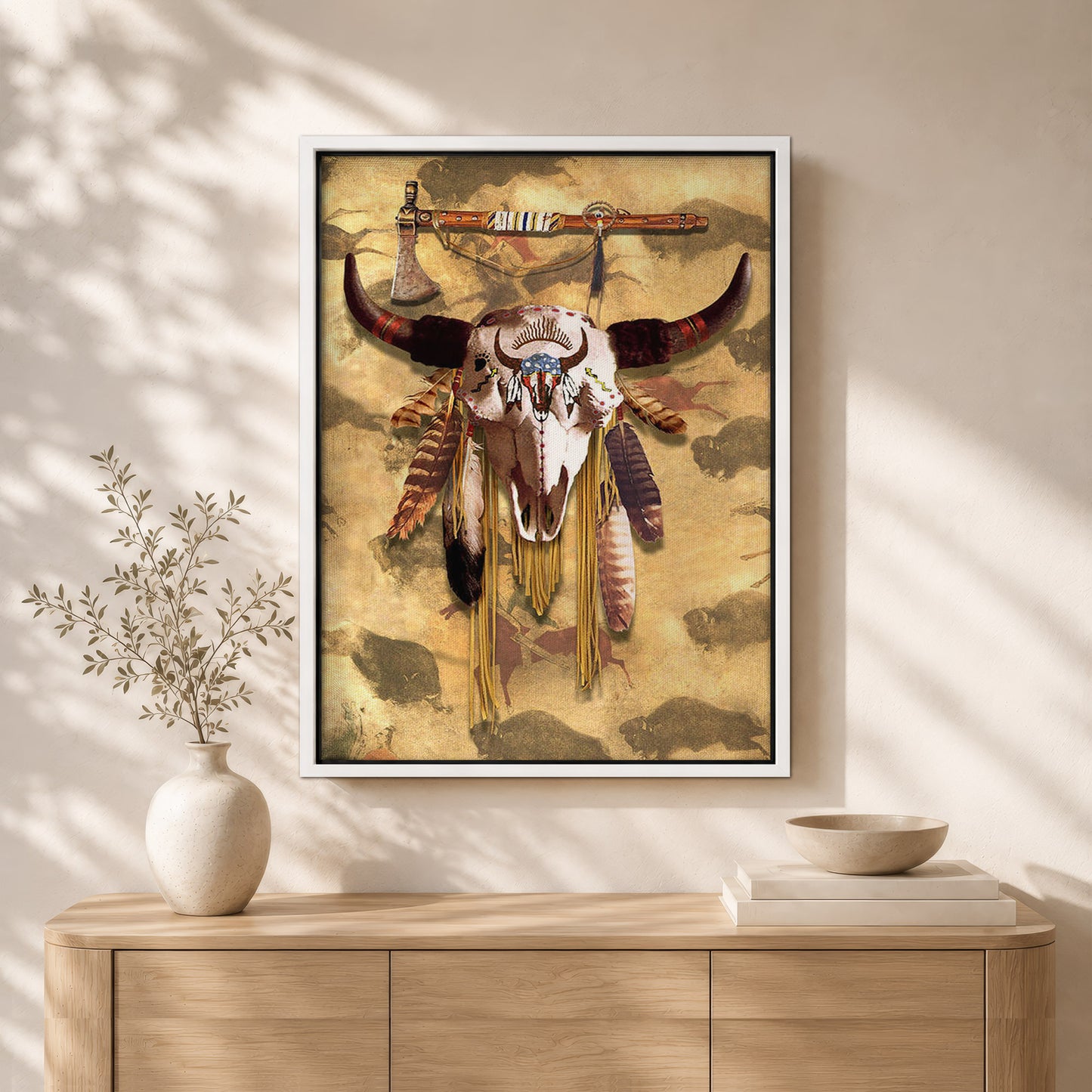 Buffalo Head Skull Feather Mark Poster/Canvas
