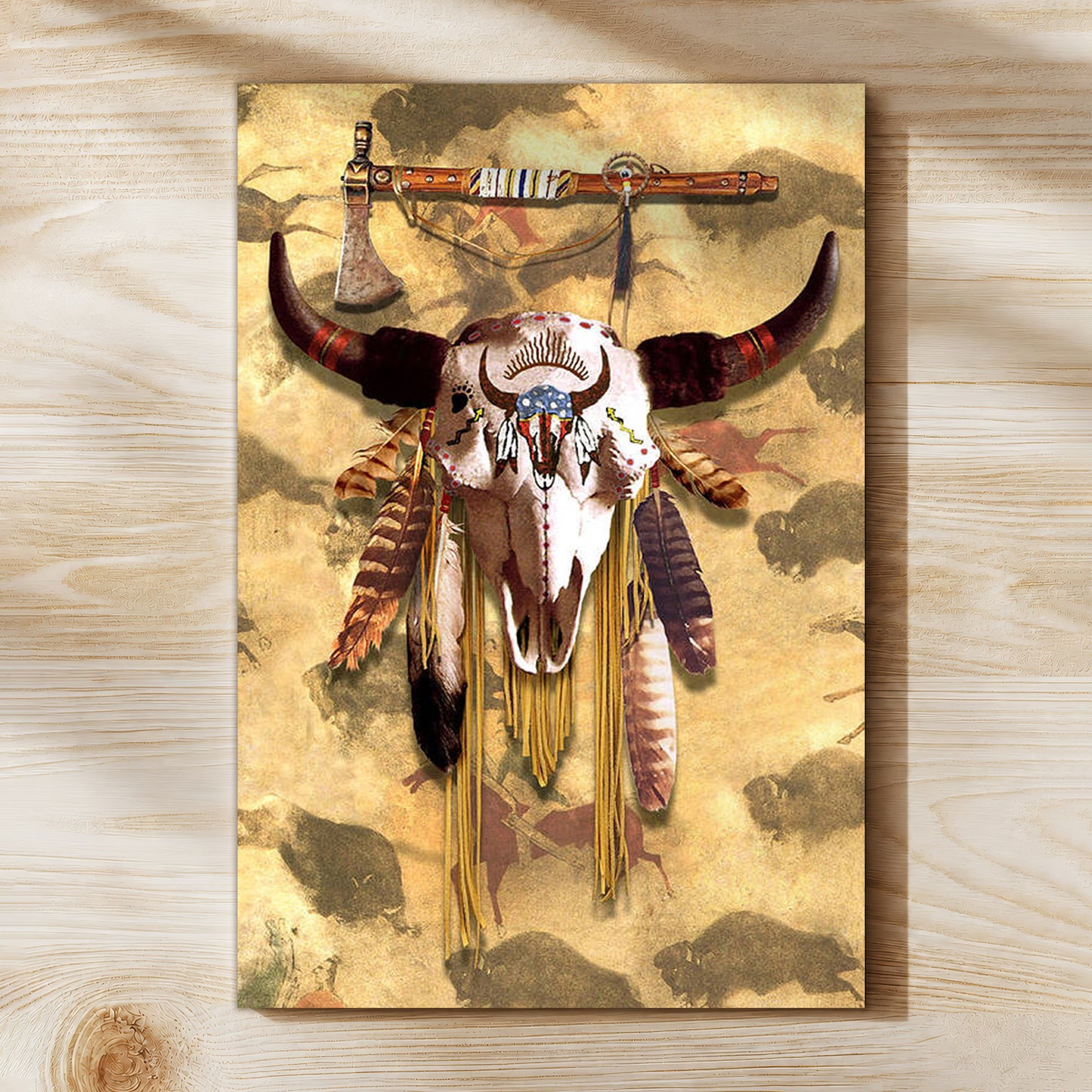 Buffalo Head Skull Feather Mark Poster/Canvas