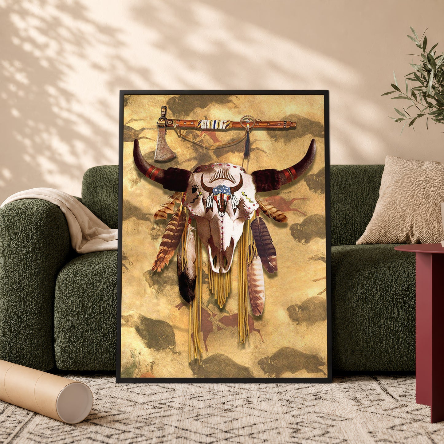 Buffalo Head Skull Feather Mark Poster/Canvas
