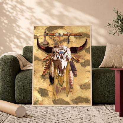Buffalo Head Skull Feather Mark Poster/Canvas