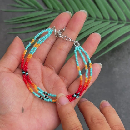 Sunset Glow Beaded Bracelet – Multi-Color Design with Red, Yellow, and Turquoise