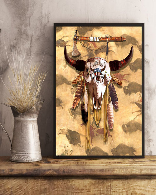 Buffalo Head Skull Feather Mark Poster/Canvas