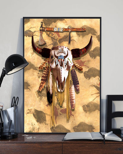 Buffalo Head Skull Feather Mark Poster/Canvas