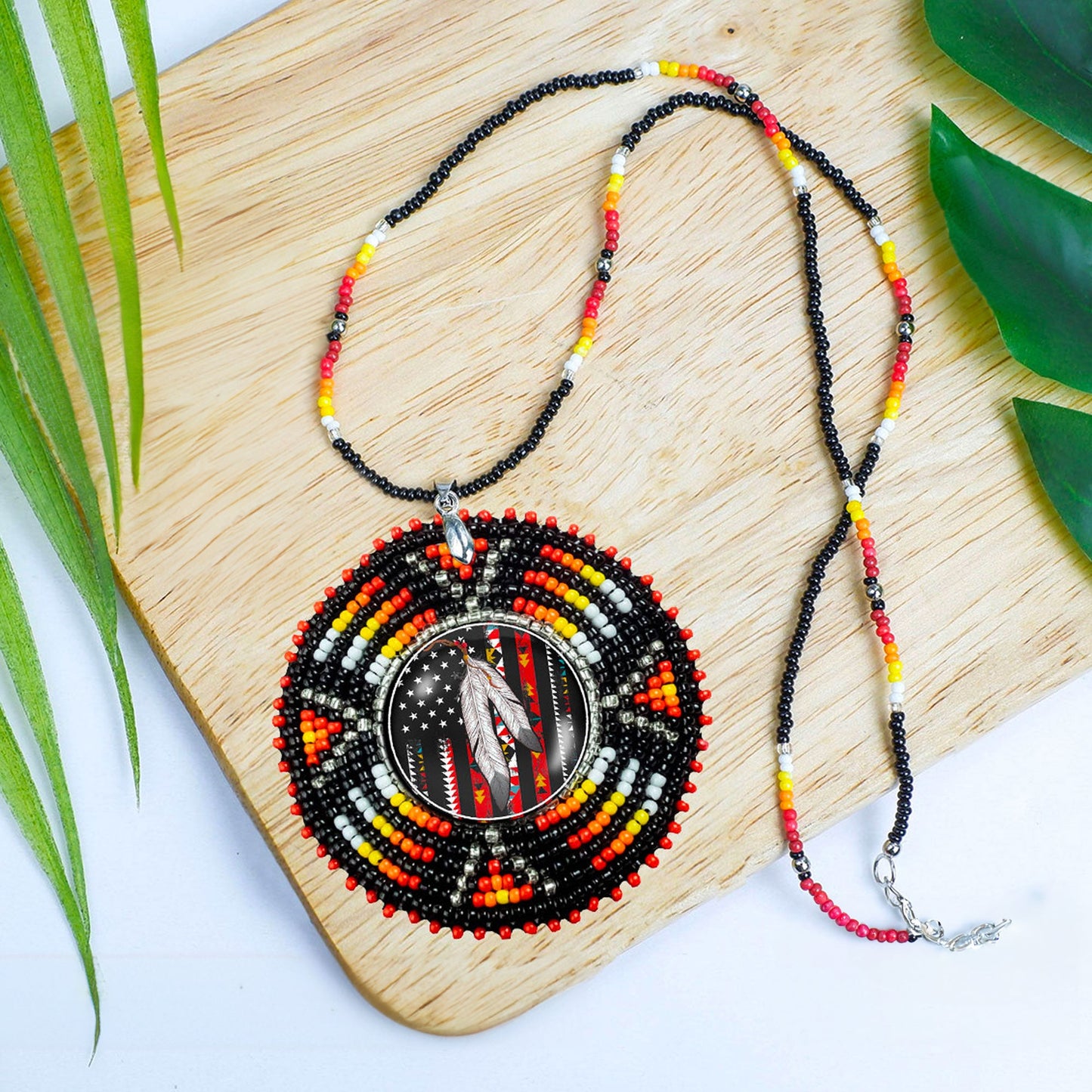 SALE 50% OFF - Native Flag Sunburst Handmade Glass Beaded Patch Necklace Pendant