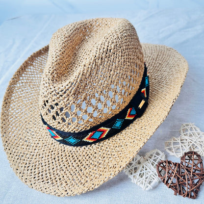 SALE 50% OFF - Straw Cowboy Cowgirl Hat With Hatband Beaded Brim Native American Style